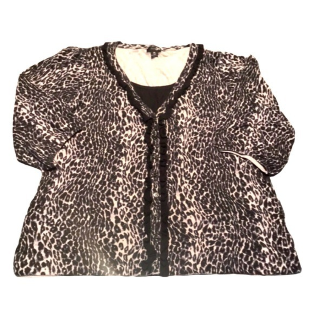 East 5th XL‎ grey black animal print layered look ruffled  mock cardigan